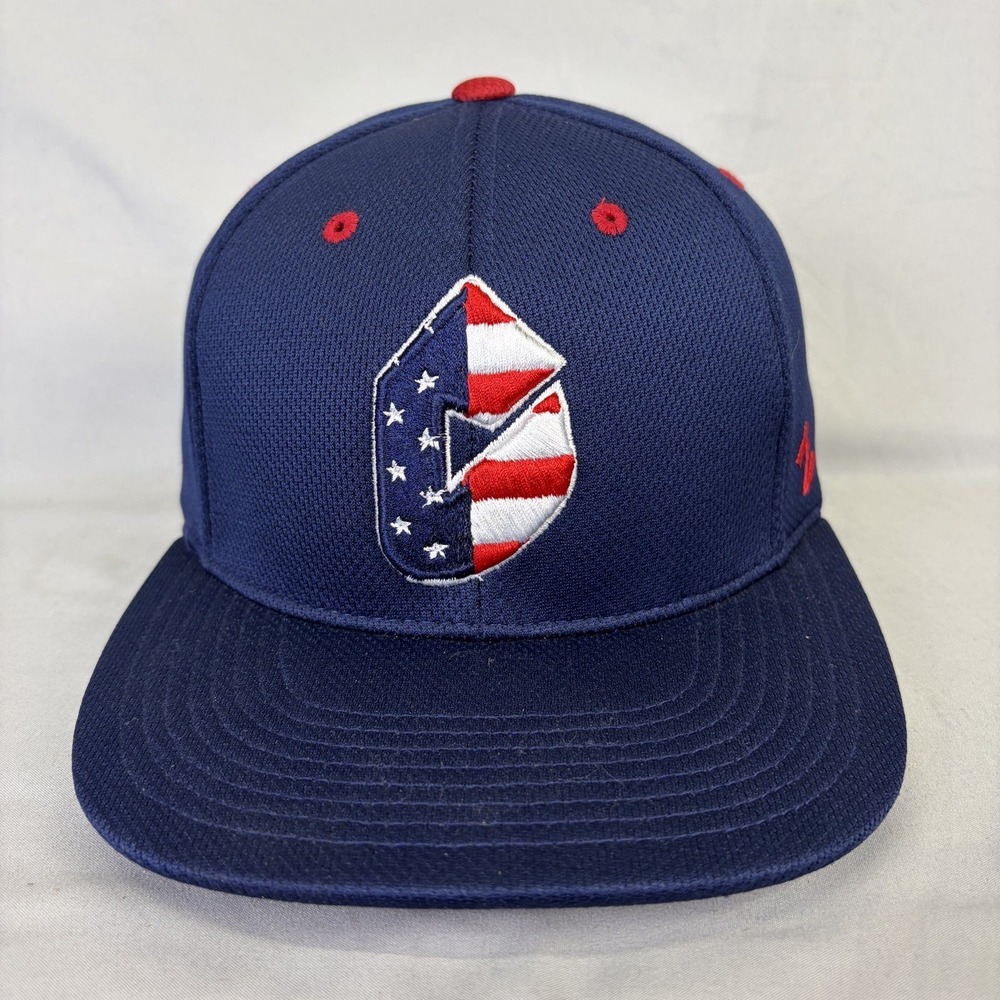 Zephyr Baseball Hat USA Flag Shield Post 2 Men S/M Navy Blue Stretch Fit Cap